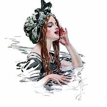 A in a swimming cap stands in the water with a hand cupped around her mouth to call someone