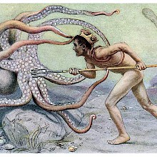 Neptune fights an octopus with his trident