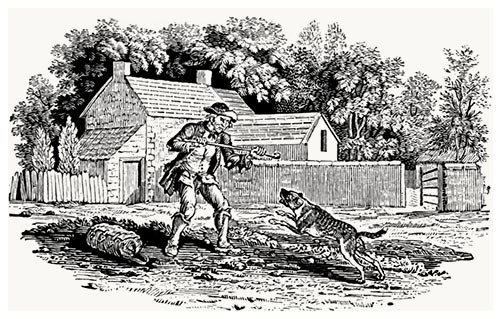 Beggar attacked by a mastiff
