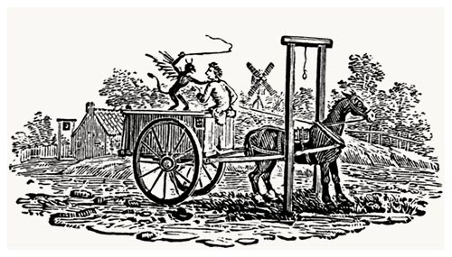 Tailpiece with Devil threatening a man in a coal cart