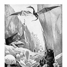 View of a gorge between steep rocky cliffs, populated with antediluvian-looking animals and vegetation