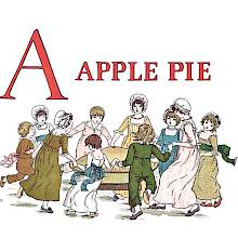 A group of children dances in a ring around a apple pie laid on plain sort of coffee table