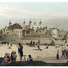 View of the Tower of London as seen from behind the outer curtain wall and showing Legge's Mount