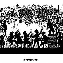 Silhouette illustration showing people dancing, drinking, and flirting under a grape harbor